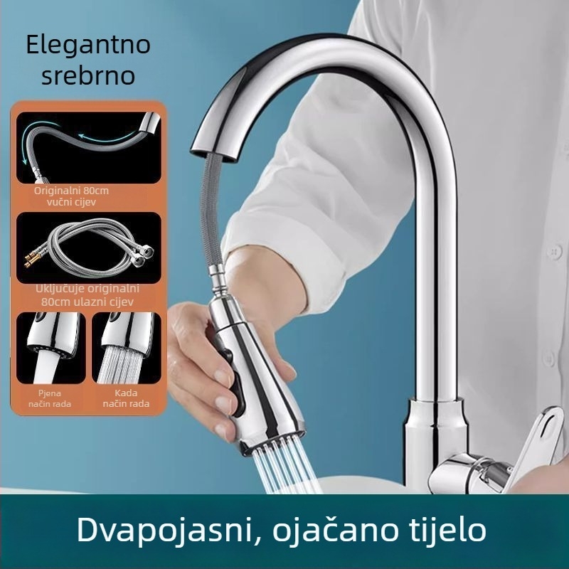 Kuhinjski faucet s izvučnim mlazom za toplu i hladnu vodu, od nehrđajućeg čelika 304, brušena završna obrada, keramički disk ventil, povlačni, višestruka namjena