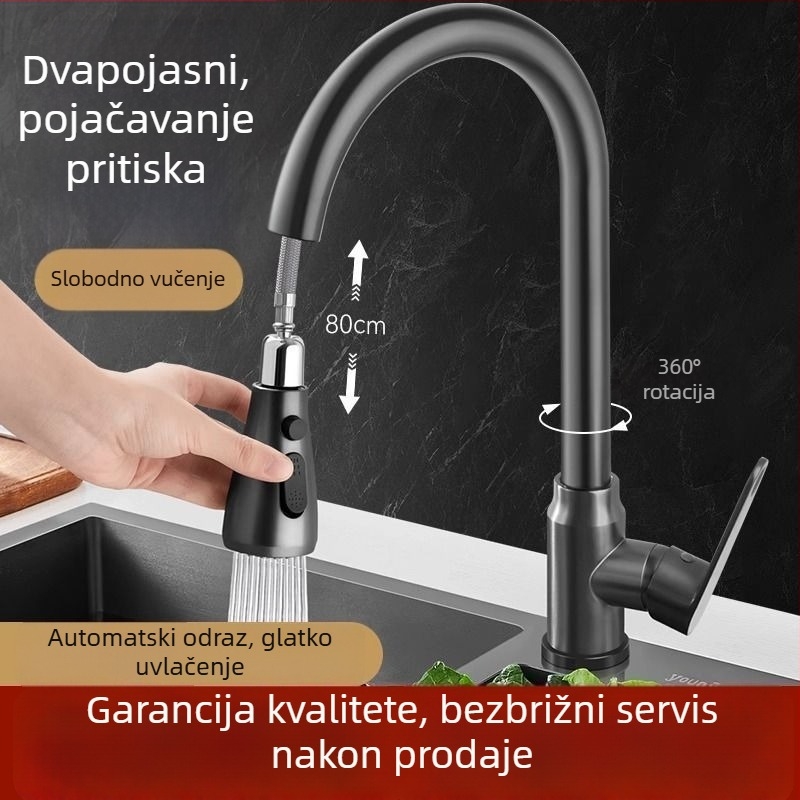 Kuhinjski faucet s izvučnim mlazom za toplu i hladnu vodu, od nehrđajućeg čelika 304, brušena završna obrada, keramički disk ventil, povlačni, višestruka namjena