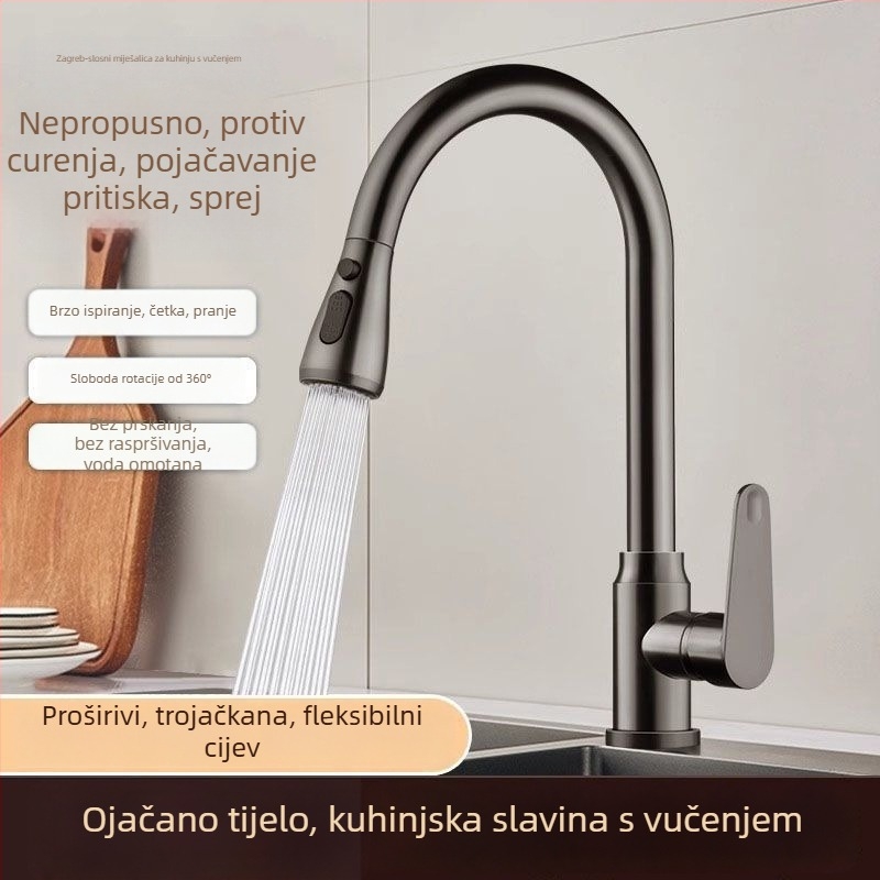 Kuhinjski faucet s izvučnim mlazom za toplu i hladnu vodu, od nehrđajućeg čelika 304, brušena završna obrada, keramički disk ventil, povlačni, višestruka namjena
