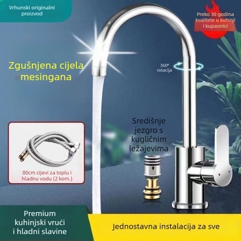 Kuhinjski miješalica od mjedi, topla i hladna voda, dvostruka funkcija, kromirani završni sloj, keramički disk ventil