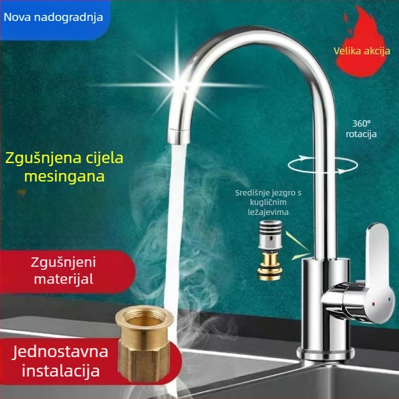 Kuhinjski miješalica od mjedi, topla i hladna voda, dvostruka funkcija, kromirani završni sloj, keramički disk ventil