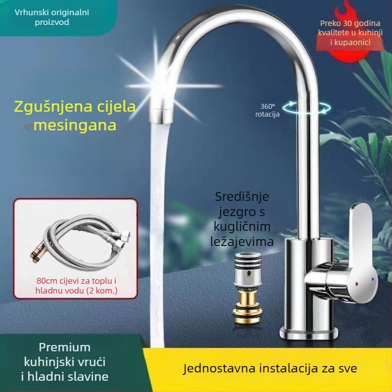 Kuhinjski miješalica od mjedi, topla i hladna voda, dvostruka funkcija, kromirani završni sloj, keramički disk ventil
