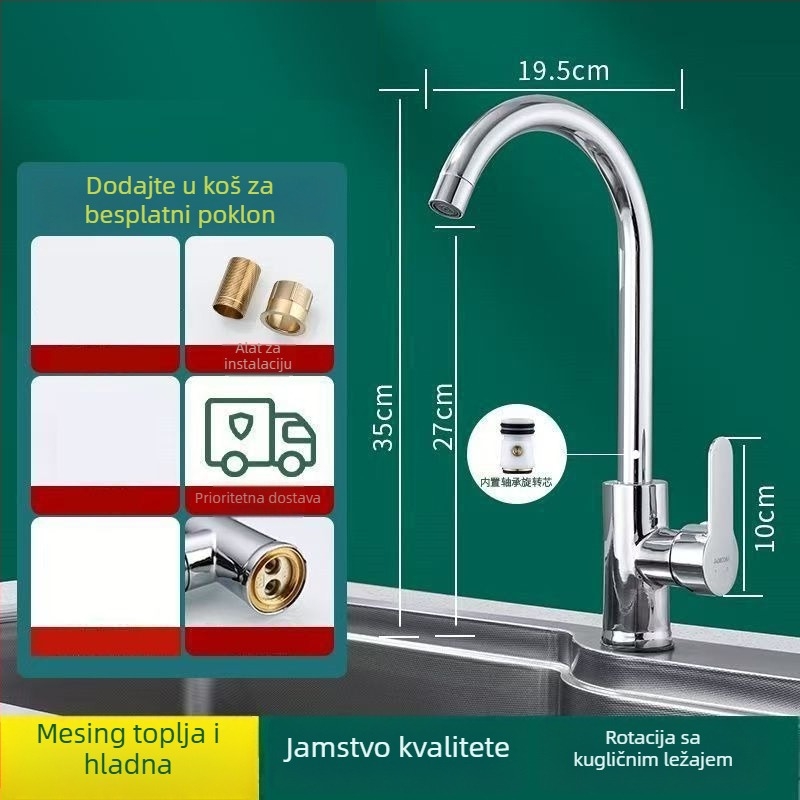 Kuhinjski miješalica od mjedi, topla i hladna voda, dvostruka funkcija, kromirani završni sloj, keramički disk ventil