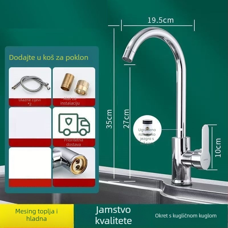 Kuhinjski miješalica od mjedi, topla i hladna voda, dvostruka funkcija, kromirani završni sloj, keramički disk ventil