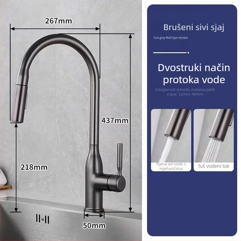 Nehrđajući čelični kuhinjski izvlačni slavina s keramičkim diskom ventila, model ZN-20, ulaz/izlaz 1/2 inča