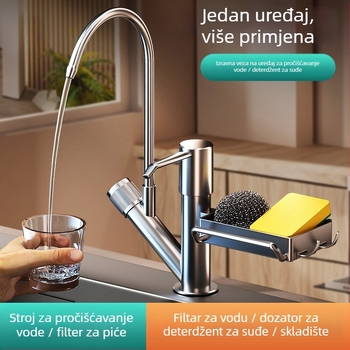 Dozator za kuhinjski deterdžent s ručnim pritiskom i integriranim pladnjem, ABS materijal, brušeni završetak, moderan minimalistički stil, stolna montaža