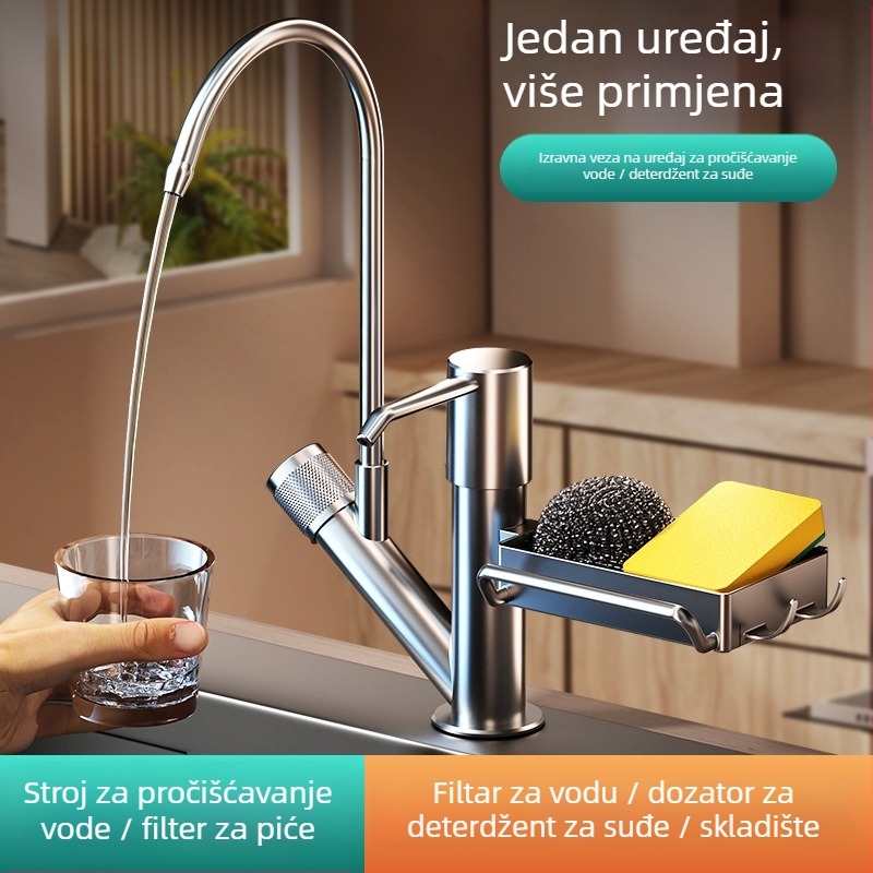 Dozator za kuhinjski deterdžent s ručnim pritiskom i integriranim pladnjem, ABS materijal, brušeni završetak, moderan minimalistički stil, stolna montaža