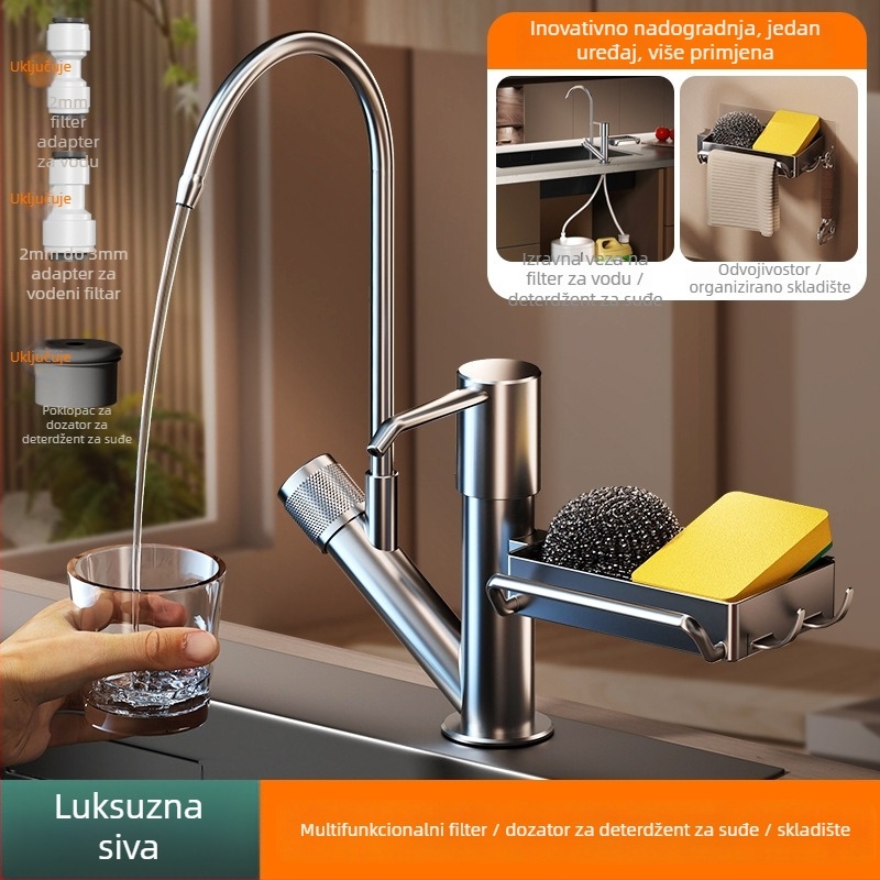 Dozator za kuhinjski deterdžent s ručnim pritiskom i integriranim pladnjem, ABS materijal, brušeni završetak, moderan minimalistički stil, stolna montaža