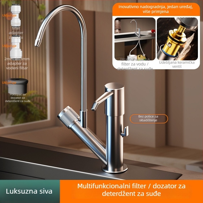 Dozator za kuhinjski deterdžent s ručnim pritiskom i integriranim pladnjem, ABS materijal, brušeni završetak, moderan minimalistički stil, stolna montaža