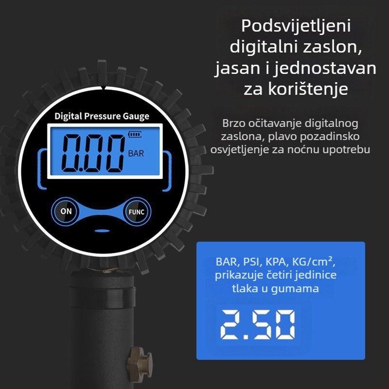 Visoko precizan digitalni mjerač tlaka u gumama s pištolom za napuhivanje i LCD zaslonom