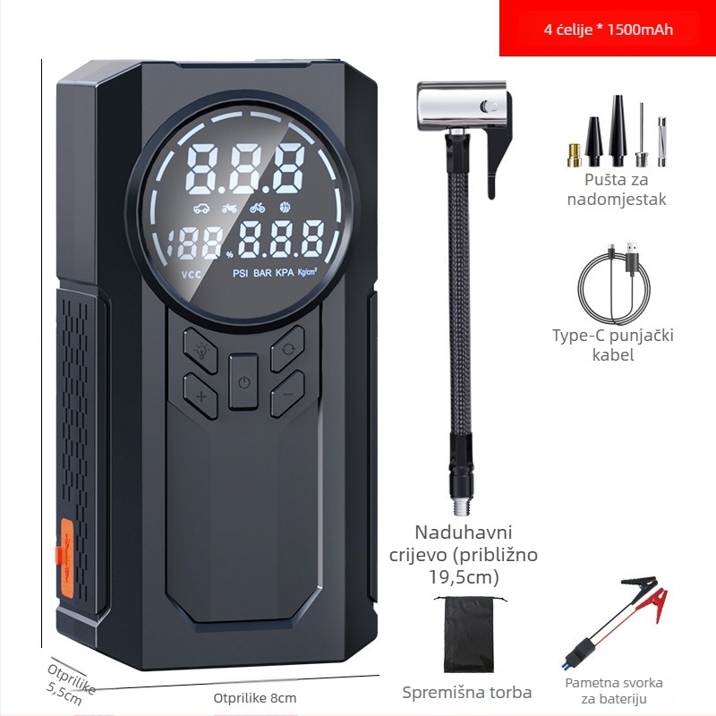 Prijenosni bežični automobilni pumpač zraka za gume 12V — 100W, 30 L/min, Digitalni zaslon, Mjerač tlaka i signalna lampica