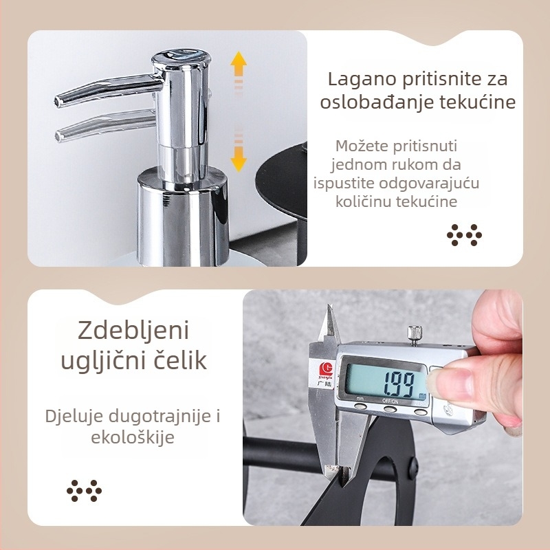 Dispenzer tekućeg sapuna za ploču u kupaonici, moderni minimalistički stil; Longquan ZYP-08, materijal: karbonska čelika, ručni pritisak, težina 0,5 kg.