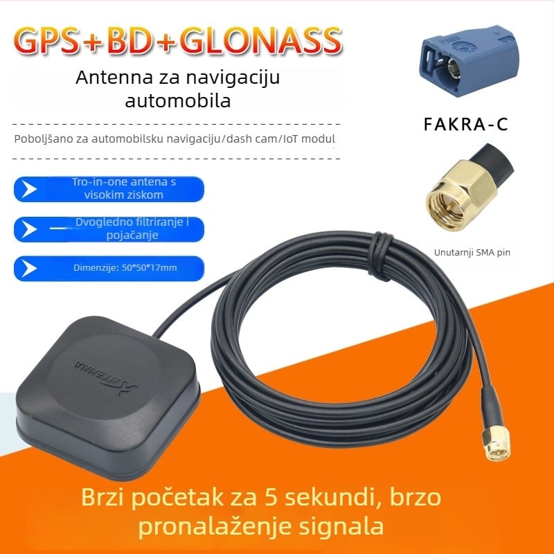 Auto navigacijska antena Beidou/GPS/GLONASS s tri načina, vanjska, aktivna, visok dobitak — model XLS-BDGPS-3, Xinlisheng; dobitak 35 dB; raspon frekvencija 1575.42/1561/1602 MHz; impedancija 50 Ω