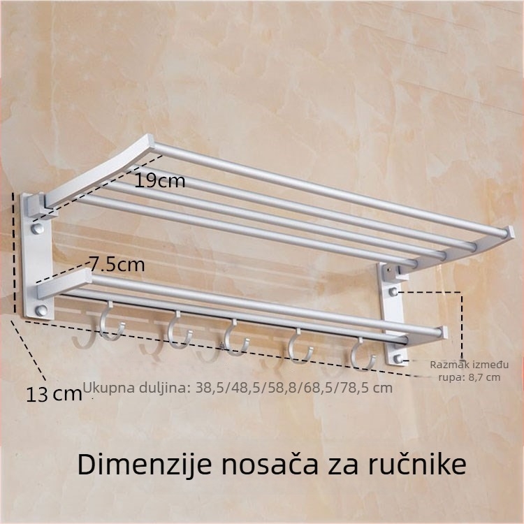Sklopivi stalak za ručnike od kosmičkog aluminijskog legura, montaža bez bušenja, višeslojna kupaonska polica za pohranu, oksidirana površina
