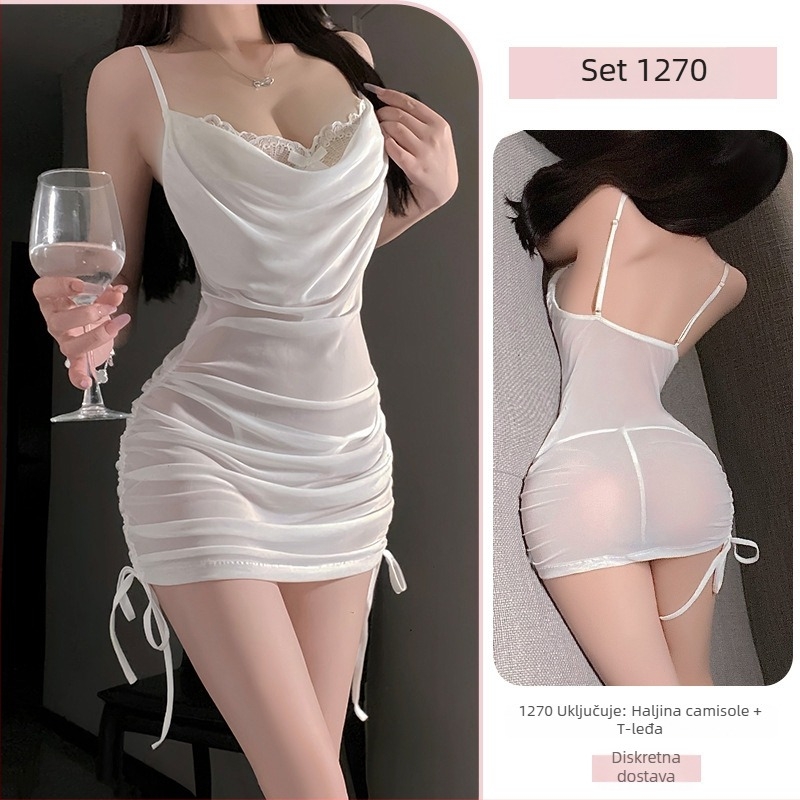 Domila Seksi noćna haljina s čipkom i naramenicama, poliester, vezivanje struka, pokrivanje bokova