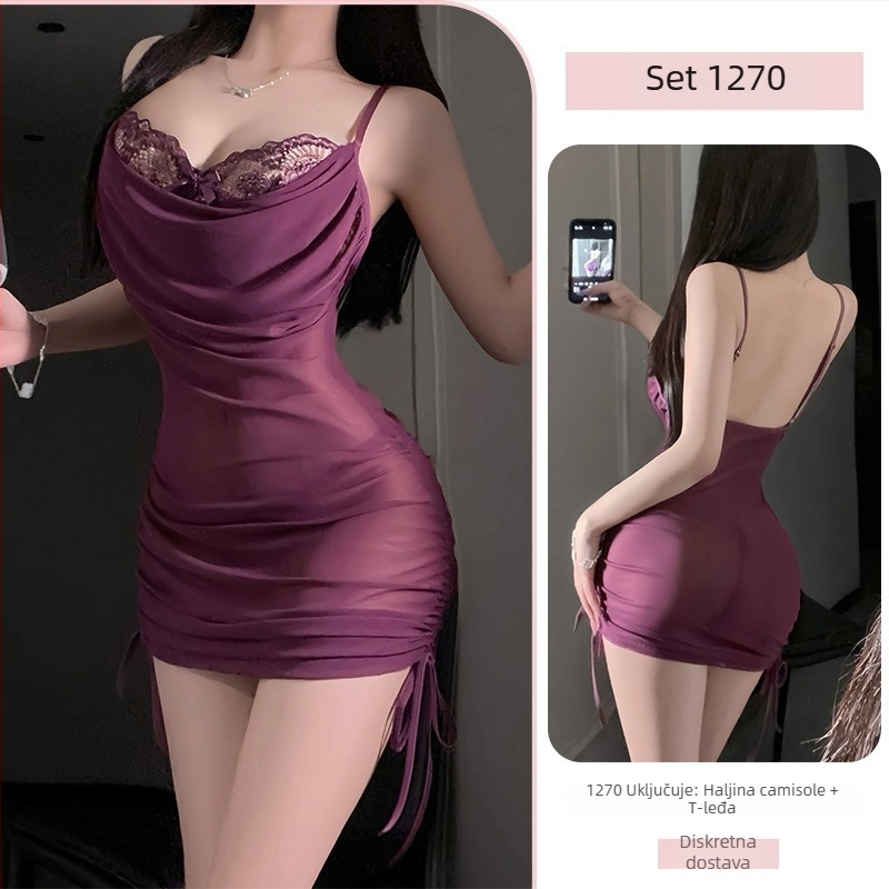 Domila Seksi noćna haljina s čipkom i naramenicama, poliester, vezivanje struka, pokrivanje bokova