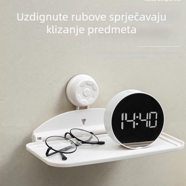 Sklopivi zidni regaľ za pohranu s usisnom čašom – plast, 1 etaža, višenamjenski, bez bušenja