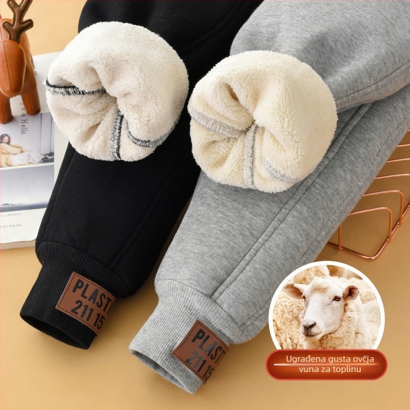Dječje hlače s fleece podstavom od ovčje vune, vanjski pamuk, unisex, srednji pojas s elastičnim pojasom, za jesen, zimu i proljeće
