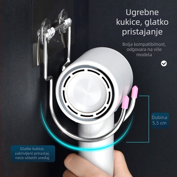Stalak za fen od nehrđajućeg čelika, 1 etaža, kuka za montažu, nosivost 2 kg, pogodno za kupaonicu i spavaću sobu