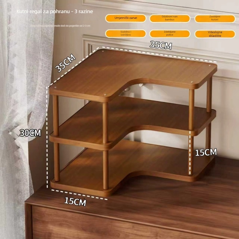 Kutni stalni regaľ za skladištenje - bambus, 3-slojni, pokretni, bez bušenja, jednostavna montaža