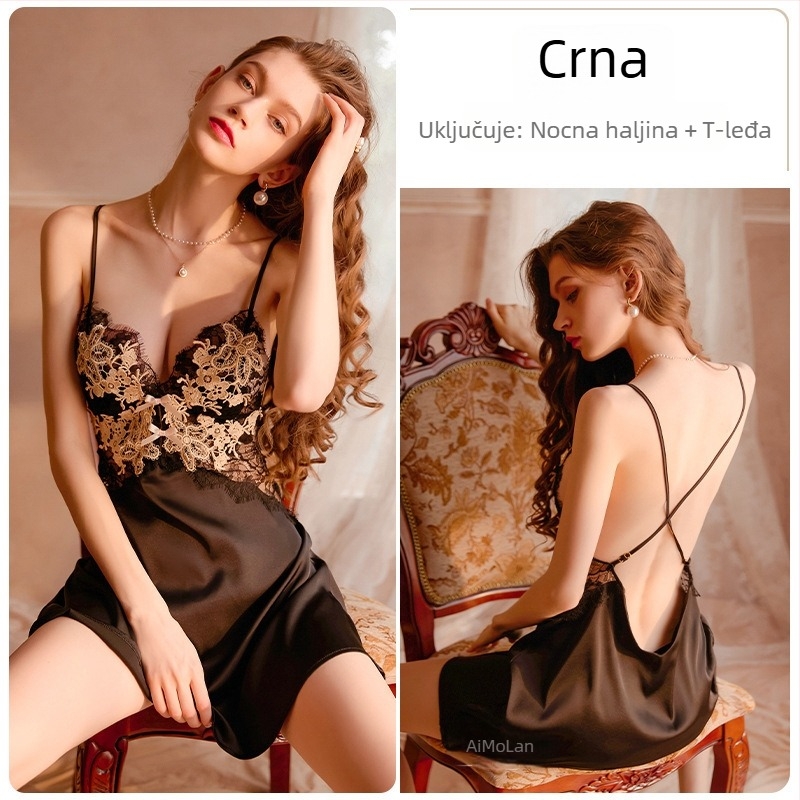 Noćna haljina od ledenog svile s čipkom, Sling stil, kvadratni ovratnik, srednja težina tkanine