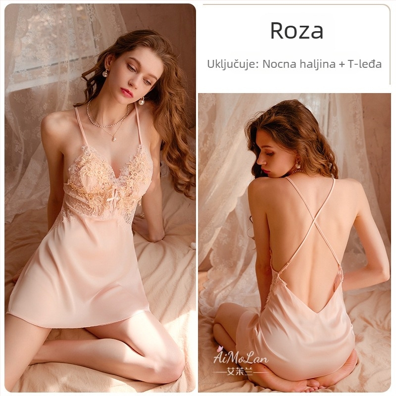 Noćna haljina od ledenog svile s čipkom, Sling stil, kvadratni ovratnik, srednja težina tkanine