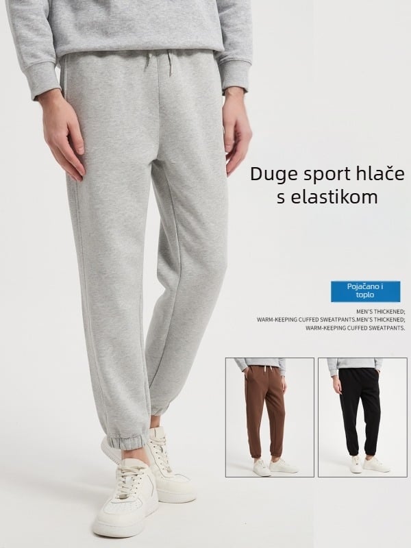 Teške pamučne trenirke hlače s debelim elastičnim pojasom, ravni kroj, srednji pojas, debela tkanina za zimu