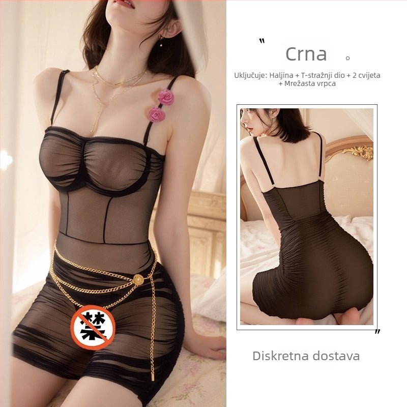 Seksi mrežasta noćna haljina s trakama, prozračna tanak poliester, sastav 90–95% poliester, Artikal 5006, Lansiranje zima 2025