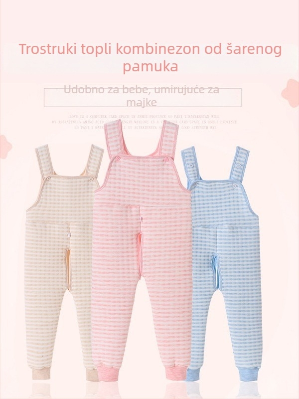 Bejbi pidžama hlače s quilted debelim flisom, otvor u preponi, visokim strukom, jesen-zima, trostruka toplina, 89.5% pamuka