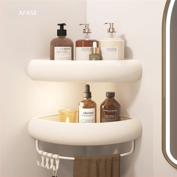 Kutna polica za kupaonicu – aluminij, površina s plastom u spreju, u obliku ventilatora, montaža bez bušenja, nosivost 15 kg