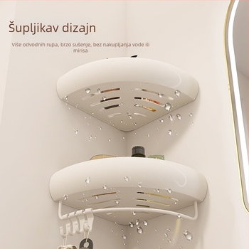 Kutna polica za kupaonicu – aluminij, površina s plastom u spreju, u obliku ventilatora, montaža bez bušenja, nosivost 15 kg