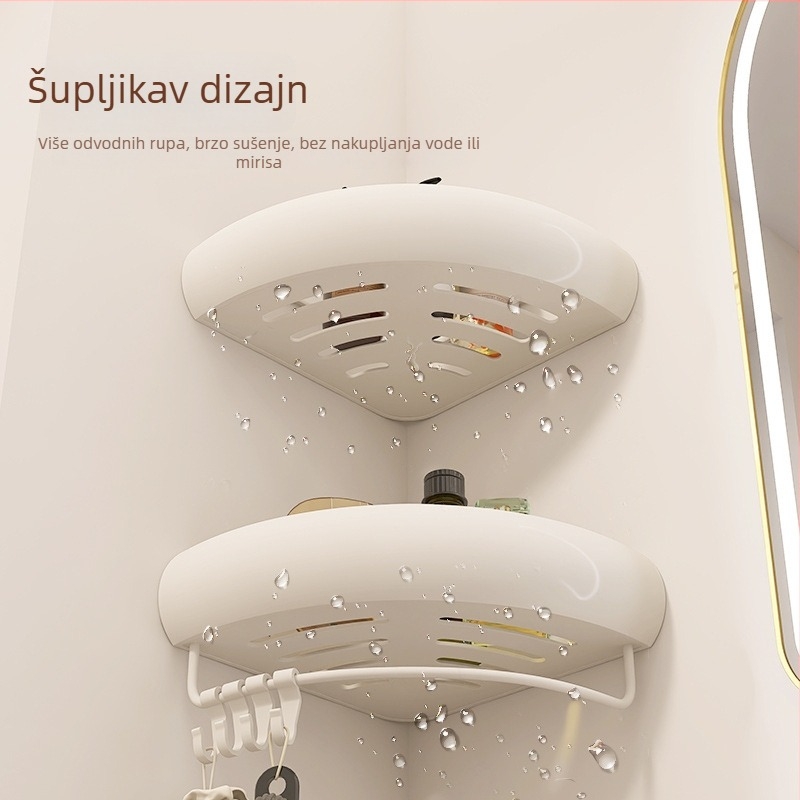 Kutna polica za kupaonicu – aluminij, površina s plastom u spreju, u obliku ventilatora, montaža bez bušenja, nosivost 15 kg