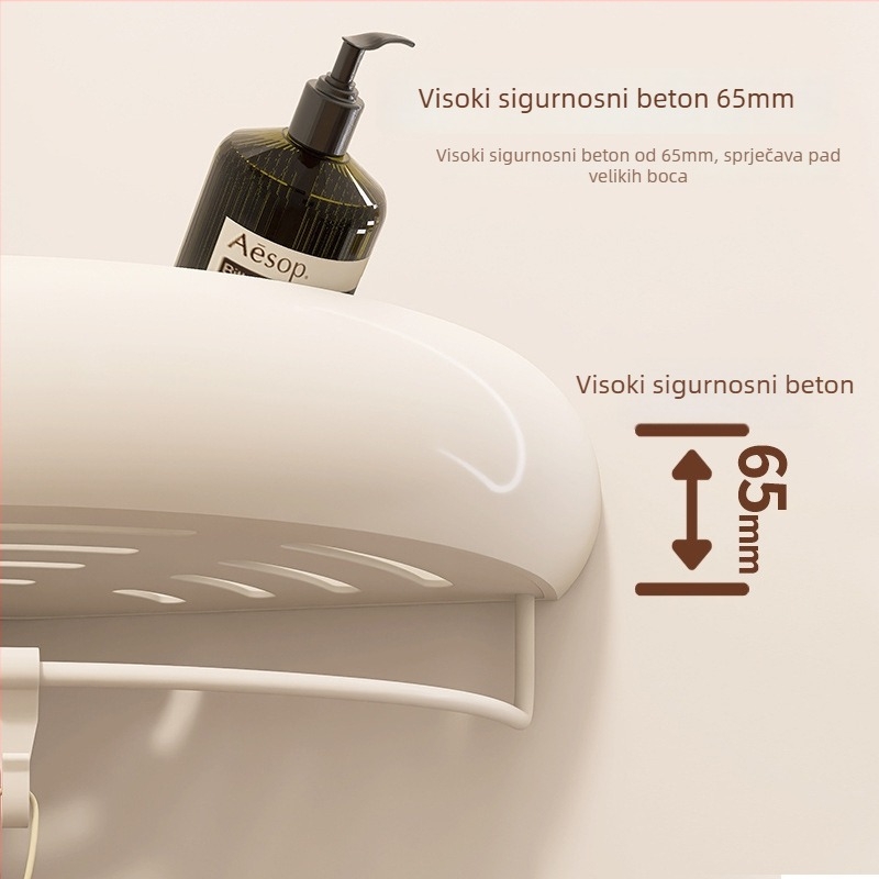 Kutna polica za kupaonicu – aluminij, površina s plastom u spreju, u obliku ventilatora, montaža bez bušenja, nosivost 15 kg