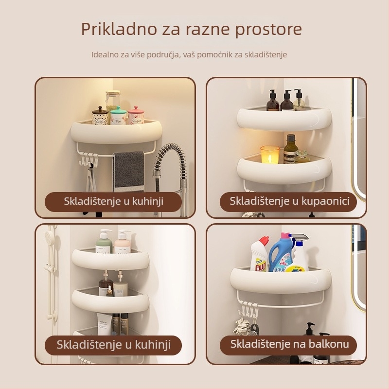 Kutna polica za kupaonicu – aluminij, površina s plastom u spreju, u obliku ventilatora, montaža bez bušenja, nosivost 15 kg