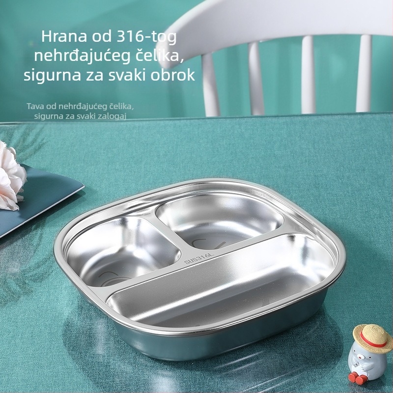 Dječji tanjur od nehrđajućeg čelika 316, podijeljeni, kvadratnog oblika, mikrovalna sigurnost, elektroplatirani završni sloj