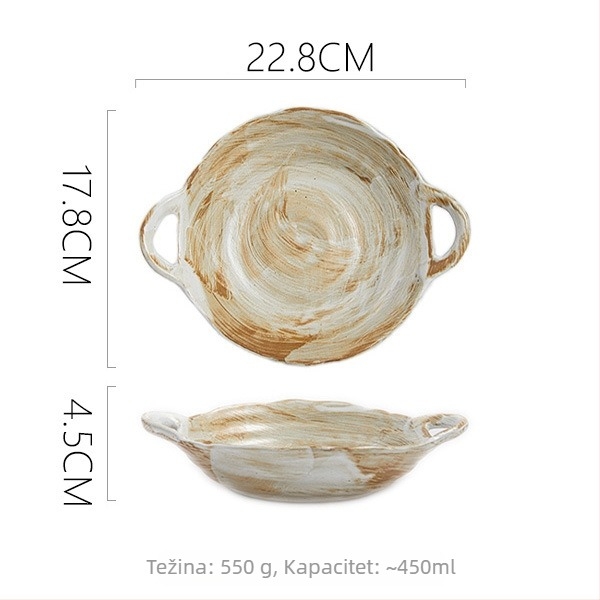 Porcelanski duboki tanjur s dva držačima uha, retro stil, nepravilnog oblika, siguran za mikrovalnu i perilicu posuđa