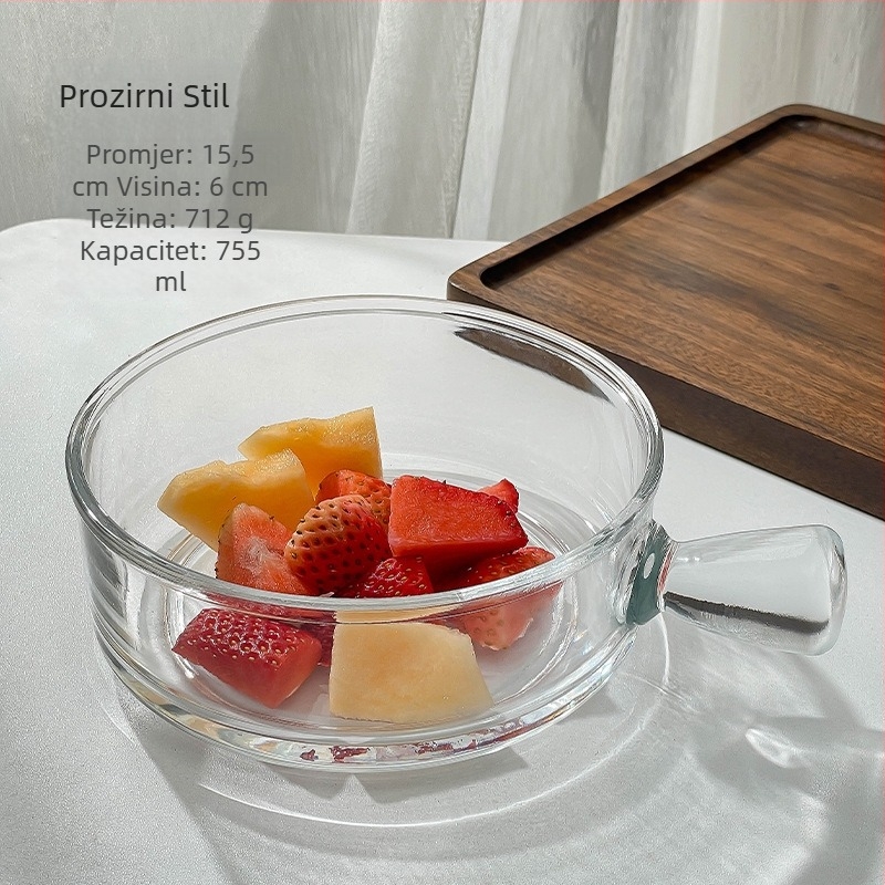 Staklena zdjela s držakom, otporna na toplinu, kružnog oblika, moderni minimalistički stil