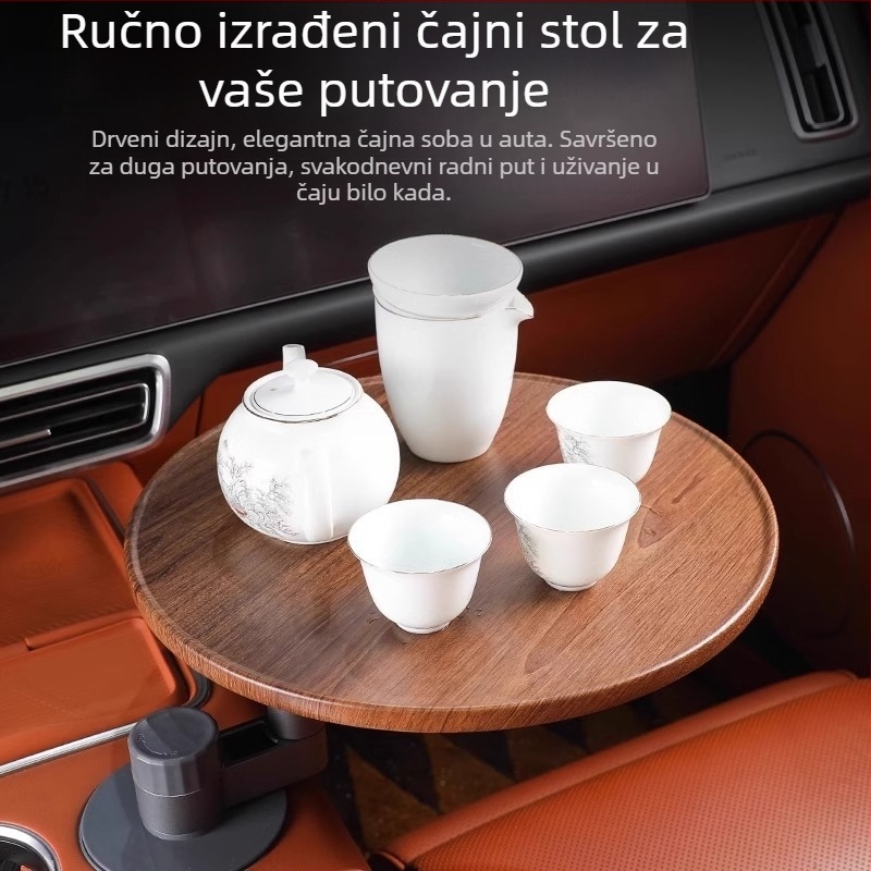 Drveni auto pladanj, kružni oblik, moderni minimalistički stil, pladanj za čaj i grickalice s držačem čaša