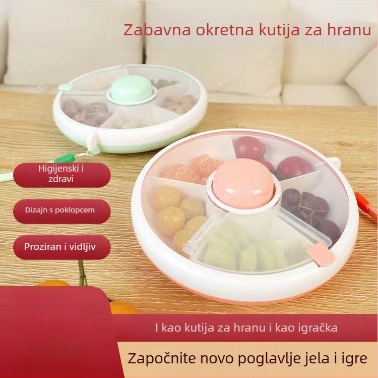 Okrugla rotirajuća kutija za ručak s poklopcem – prijenosna kutija za dječje užine i rotirajući pladanj za voće, plastika, moderni jednostavni stil