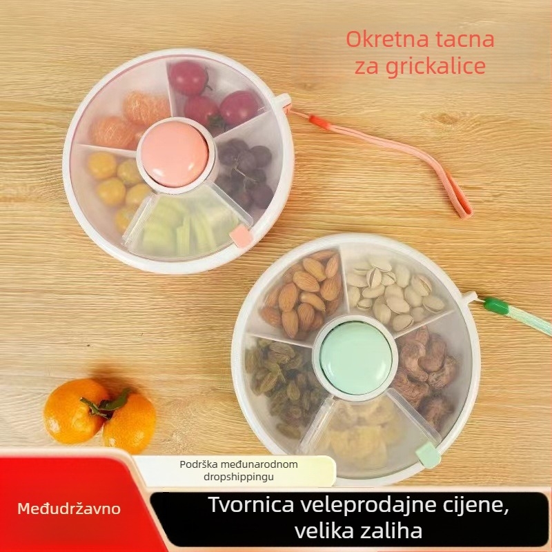 Okrugla rotirajuća kutija za ručak s poklopcem – prijenosna kutija za dječje užine i rotirajući pladanj za voće, plastika, moderni jednostavni stil