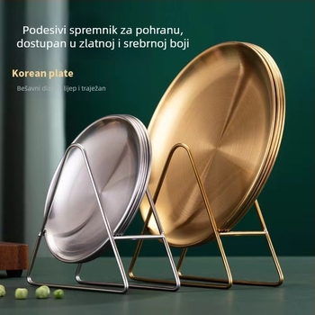 Posuda za posluživanje od nehrđajućeg čelika sa bazom i skladišnim nosačem, okrugla plitka posuda za voće i grickalice, sigurno za mikrovalnu pećnicu, korejski stil, mogućnost tiska logotipa