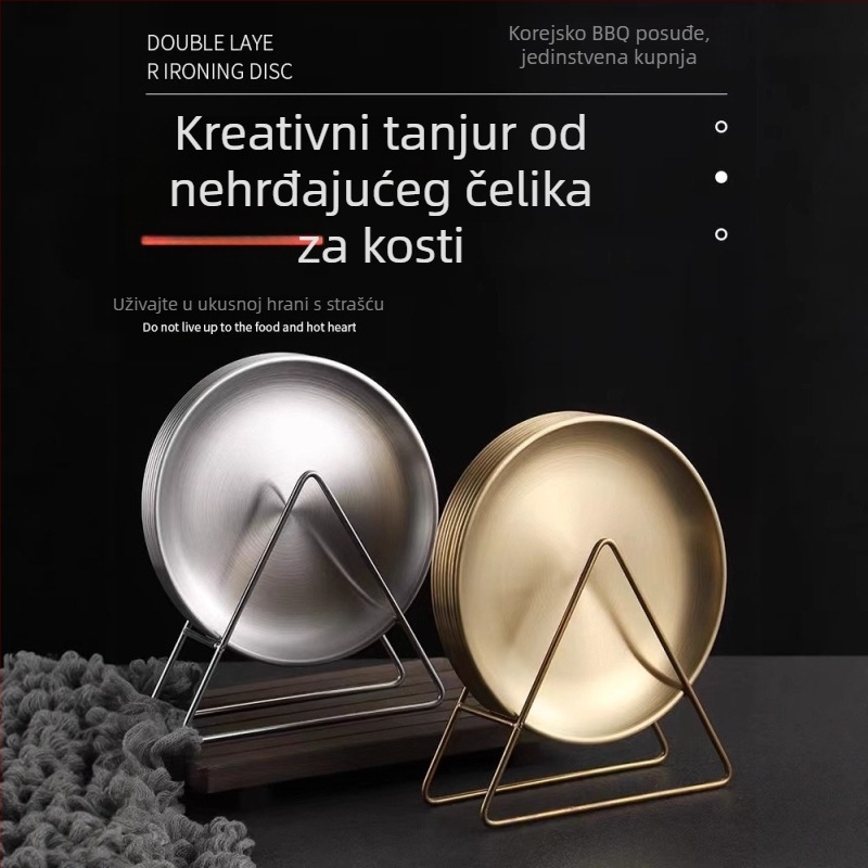 Posuda za posluživanje od nehrđajućeg čelika sa bazom i skladišnim nosačem, okrugla plitka posuda za voće i grickalice, sigurno za mikrovalnu pećnicu, korejski stil, mogućnost tiska logotipa