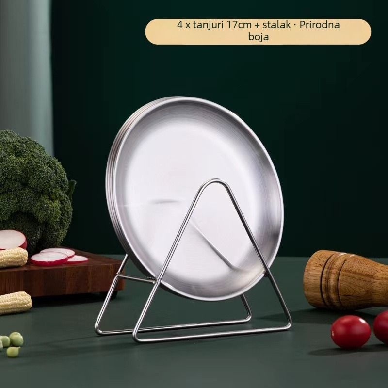 Posuda za posluživanje od nehrđajućeg čelika sa bazom i skladišnim nosačem, okrugla plitka posuda za voće i grickalice, sigurno za mikrovalnu pećnicu, korejski stil, mogućnost tiska logotipa