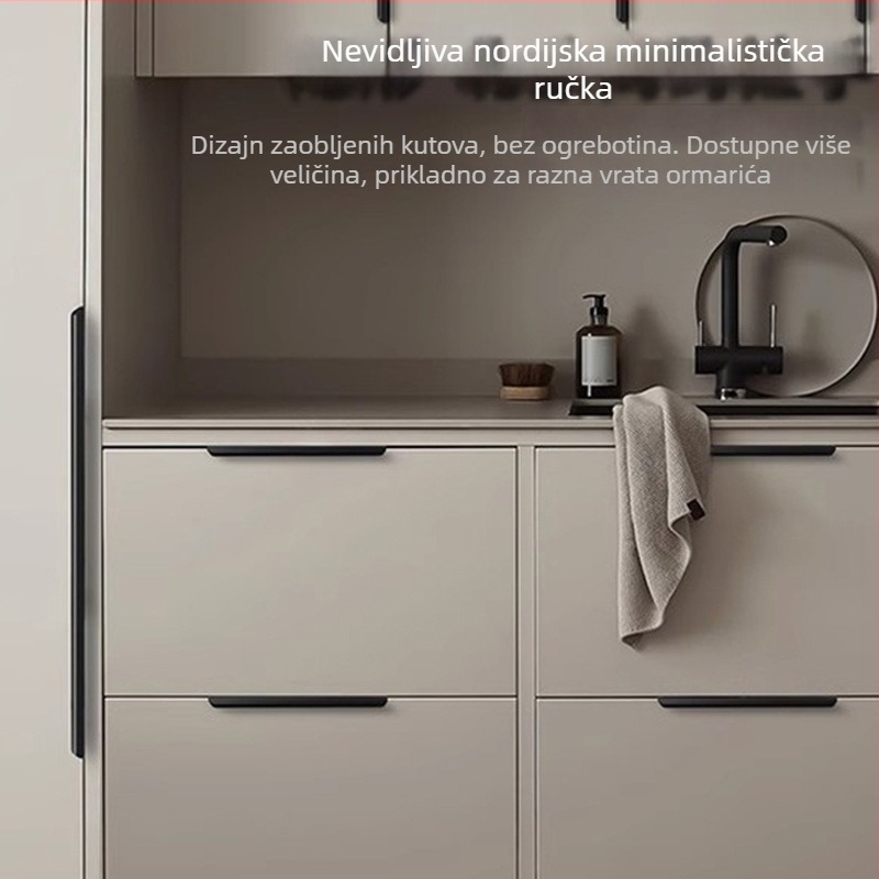 Skrivna duga crna ručka za moderne minimalističke ormariće i ladice – bez bušenja, luksuzna ručka za vrata ormara i ormarića.