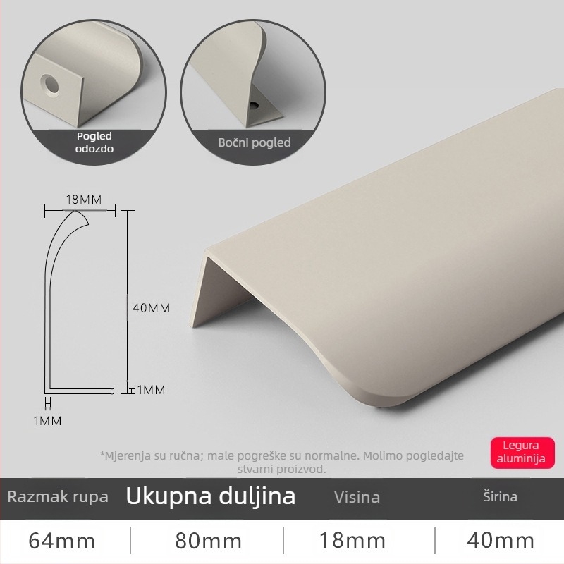 40 mm široka zakrivljena ručka, minimalistička skrivena ručka, topla bijela, Egger kašmir-siva ručka, za garderobu, ormar i ladicu