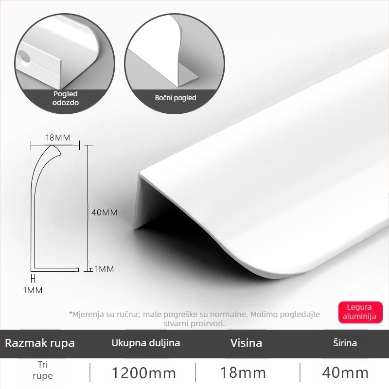 40 mm široka zakrivljena ručka, minimalistička skrivena ručka, topla bijela, Egger kašmir-siva ručka, za garderobu, ormar i ladicu