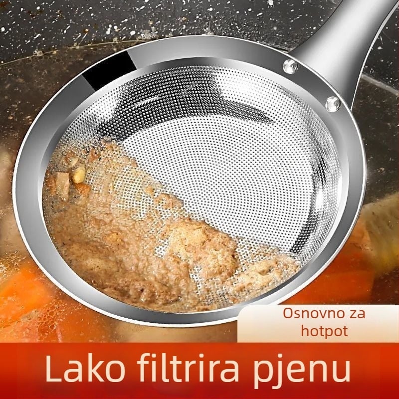 Nehrđajuća čelična žlica s finom mrežicom za otiranje masnoće, jednokatni dizajn, silikonska ručka, otporna na visoke temperature