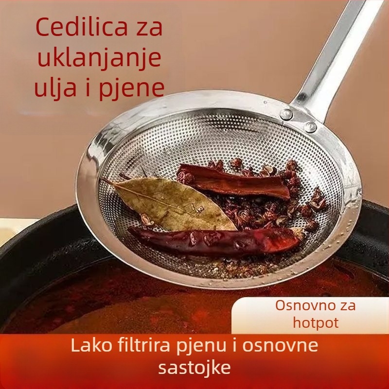 Nehrđajuća čelična žlica s finom mrežicom za otiranje masnoće, jednokatni dizajn, silikonska ručka, otporna na visoke temperature