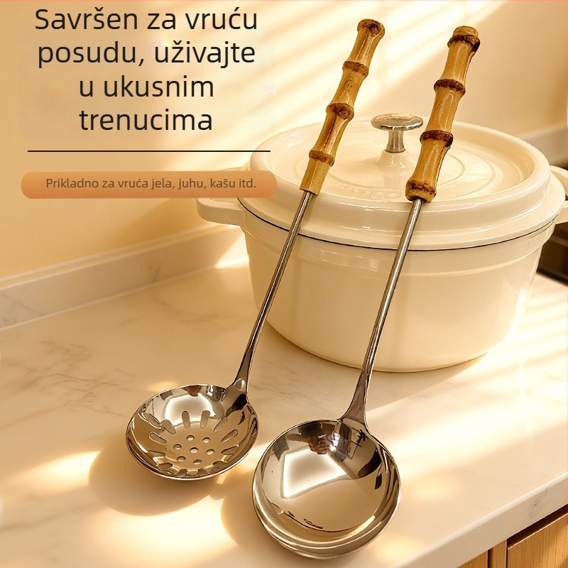 Žlica za juhu od nehrđajućeg čelika s bambusnom drškom i cjedilom — otporno na visoke temperature, izdržljivo, višestruka upotreba