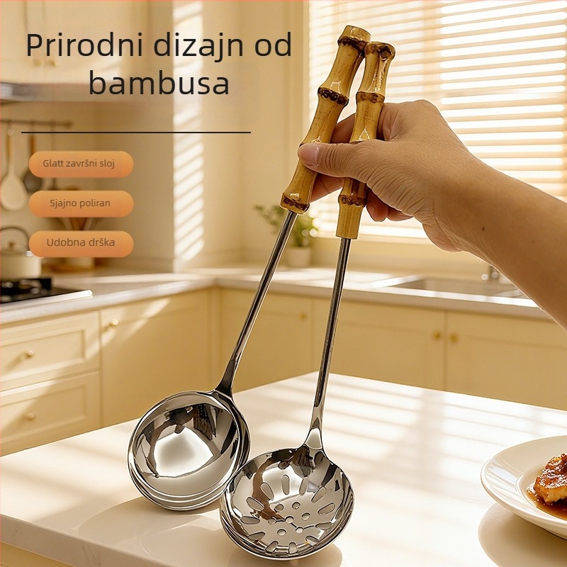 Žlica za juhu od nehrđajućeg čelika s bambusnom drškom i cjedilom — otporno na visoke temperature, izdržljivo, višestruka upotreba